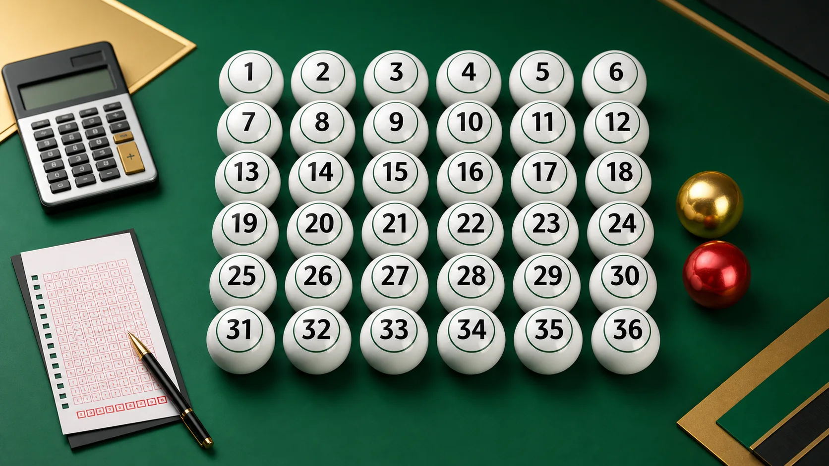 Thirty-six numbered lottery balls beside a calculator, ticket slip, gold bonus ball and red bonus ball